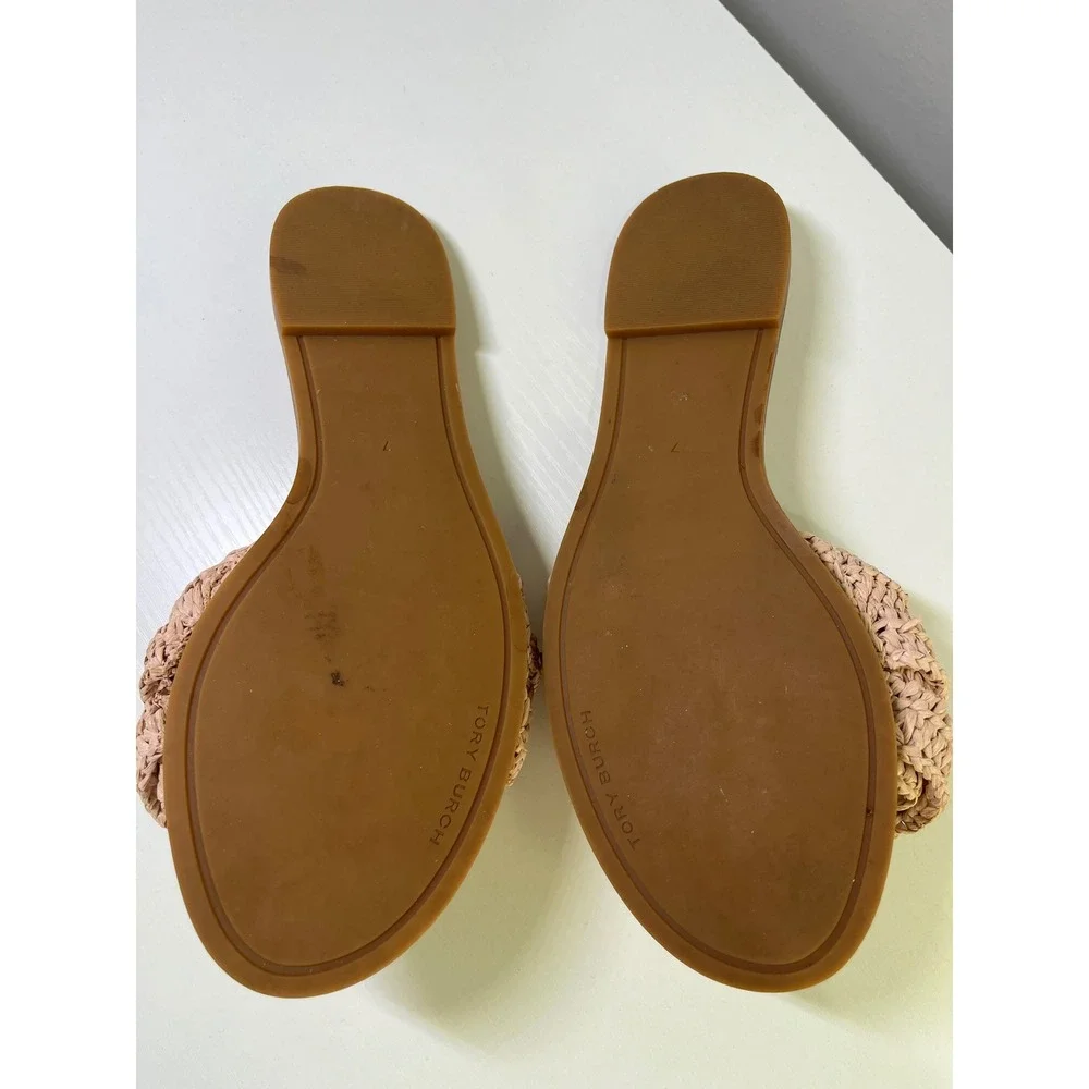 Tory Burch Ruffled Raffia Slide Sandals Natural Woven Flat 135087 Size 7M‎ w box
